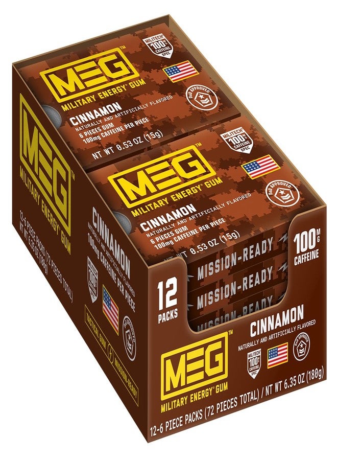 MEG (Military Energy Gum - Cinnamon| Energy Caffeine Gum | 100mg Caffeine Per Piece |Fast-Acting Performance Boost - 12 Packs - Image 1